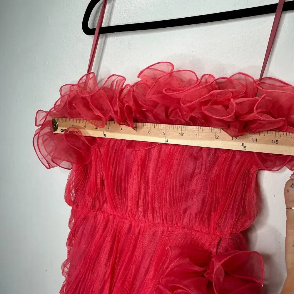 ASOS Design Red Bodycon Ruffle Mesh Bandeau Neck Strapless Mini Dress 4 - Picture 10 of 13